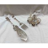 A silver plated cruet set - sold with a pair of plated fiddle pattern fish servers