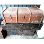 Three painted tin travelling trunks - sold with another with canvas weather coating - various