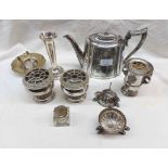 A small quantity of silver plated items including pair of salts, teapot and posy bowls, etc.