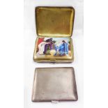 A continental marked 925 cigarette case with decorative polychrome classical scene to inner lid (