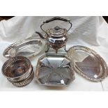 A silver plated spirit kettle - sold with a pair of silver plated wine coasters, cake baskets and