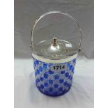 A modern blue and clear glass biscuit barrel with plated mounts and lid