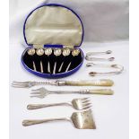 A fan cased set of six silver coffee spoons - sold with two silver and mother-of-pearl handled