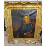 An ornate gilt gesso framed antique oil on canvas portrait of a woman wearing a shawl - 90cm X