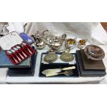 A box containing a James Dixon silver plated four piece tea set, cased cutlery and other items