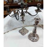 A large silver plated candlestick with associated damaged four branch five light plug-in top -