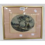 A gilt framed old Continental coloured etching, depicting a moonlit rural view with farm building