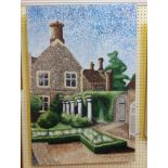 ELM: an unframed stretchered oil on canvas, depicting a country house as viewed from a formal garden