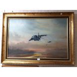 Dion Pears: a gilt framed oil on canvas, depicting Harrier Jets in flight - signed - 60.5cm X 91cm