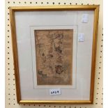 A gilt framed antique hand coloured route map print from Exeter to Dartmouth with text to margin and