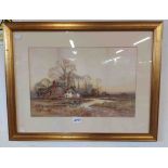 Ernest William Haslehust: a gilt framed coloured lithograph, depicting a rural farmstead - 26cm X