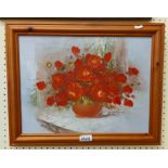 A pine framed modern oil on canvas still life with pot of red flowers - signed
