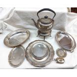 A silver plated spirit kettle of semi-reeded oval design - sold with various plated trays and an