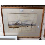 Robert W. Fraser: a framed watercolour, depicting a Fenland cottage and waterway - signed - 26cm X