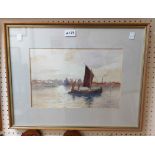 G. Mortimer: a framed watercolour, depicting a sailing lugger with shoreside buildings in background