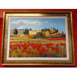 A large antiqued gilt framed modern oil on canvas, depicting a Continental rural village with