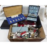 A box containing a quantity of silver plated and other items including cased and loose cutlery,