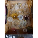 A box containing a quantity of assorted glassware including Bohemian ruby ring holder, spatter glass