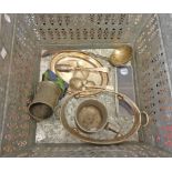 A pierced metal basket containing a small quantity of silver plated and other items including