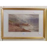 William Cook of Plymouth: a gilt framed watercolour, depicting figures fishing from rocks on a