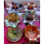 Seven pieces of Carnival glass of various makers including Northwood with bon bon dishes, etc.