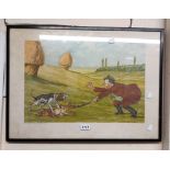A framed old French comical coloured hunting etching entitled 'Le Chien Recalcitrant!' - titled in