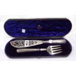 A cased set of silver fish servers with pierced scroll decoration - Sheffield 1880