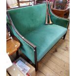 A 1.1m Edwardian stained walnut box framed settee with piped green velour upholstery, set on
