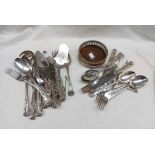 A quantity of silver plated Kings pattern cutlery, other items and a wine coaster