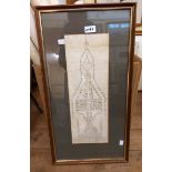 A framed old Burmese monochrome hand drawn plan on textile with layout, text and numerals