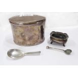 A silver oval tea caddy with hinged lid and original stowed spoon by George Unite - Birmingham