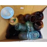 A box containing a quantity of coloured glassware including moulded night light holders, Bristol