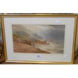 William Cook of Plymouth: a gilt framed watercolour, depicting figures fishing from rocks on a