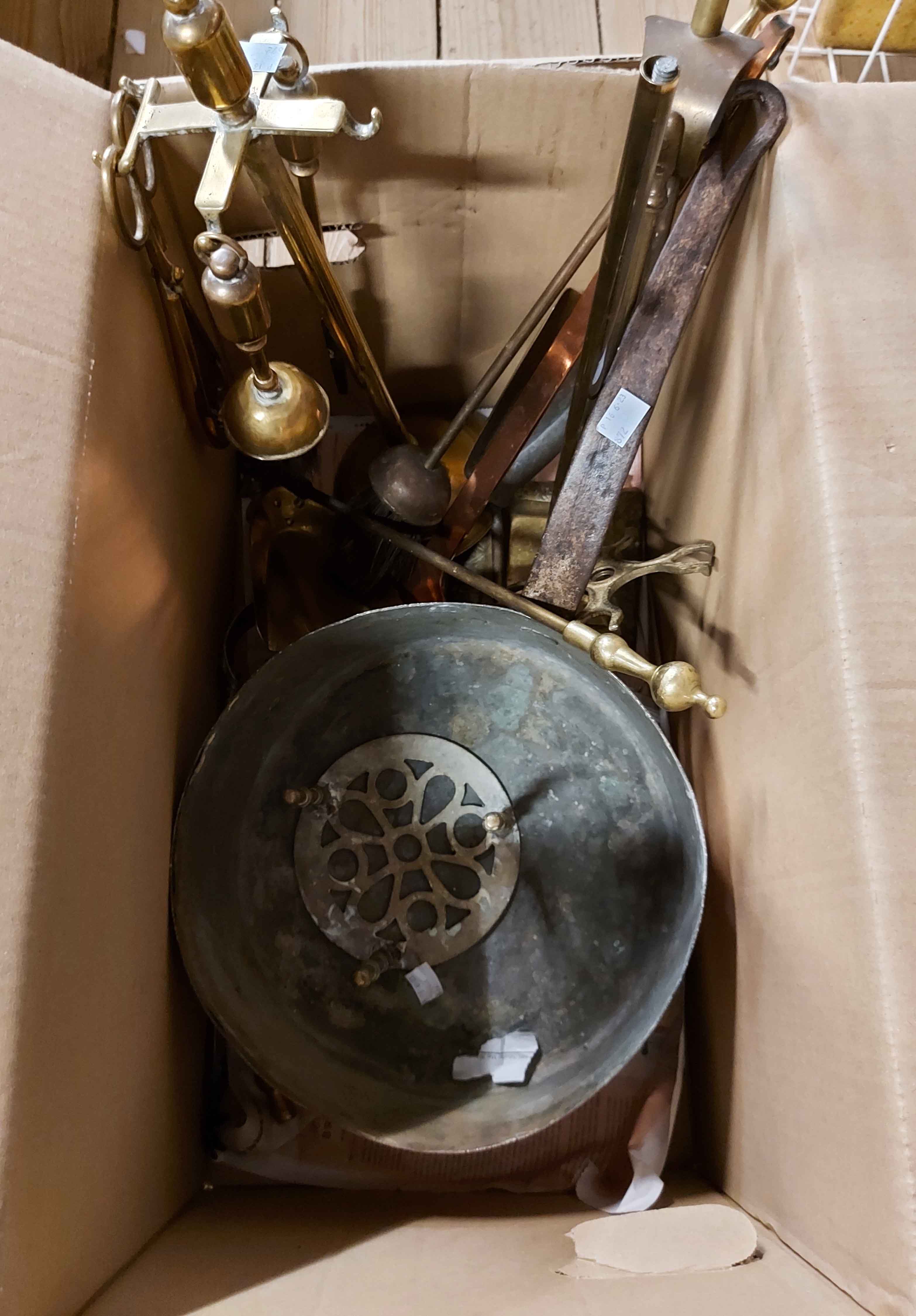 A box containing a quantity of assorted metalware including antique copper saucepan, companion sets, - Image 2 of 2