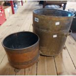 A vintage small copper jardiniere with cast brass lion paw feet - sold with a brass coal bucket