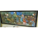 An ebonised framed panoramic coloured print, depicting a procession of children and animals