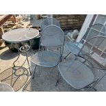 A modern painted metal and mesh garden furniture set comprising circular table and four folding