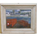 A painted framed acrylic painting, depicting waterside buildings - further image to the reverse