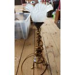 An antique Art Nouveau brass table lamp of trefoil form with hook for wall mounting, adjustable