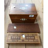 A 19th Century rosewood veneered workbox with mother-of-pearl inlay (inner tray missing) - sold with