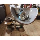 A set of cast iron scales with large galvanised pan - sold with an old Spong mincer, a bean slicer