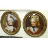 A pair of gilt oval framed reverse painted portraits of 18th Century ladies - 44cm X 36cm