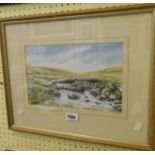 †Brian Hayes: a framed watercolour, depicting a Dartmoor view with clapper bridge and stream -