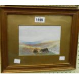 H. May: a gilt framed and slipped small format watercolour titled in the image 'Exmoor' - signed