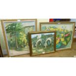 Ella T: three framed original oil paintings comprising a still life on canvas with flowers in a