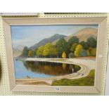 W. Harding: a framed oil on board, depicting figures on the banks of mountain lake - signed