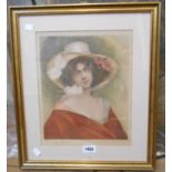 A gilt framed chromolithograph portrait of a lady wearing roses in her hat - signed in pencil and