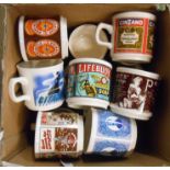 A box containing a large quantity of advertising mugs including Lifebouy Soap, Bovril, Golden