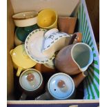 A box containing a quantity of assorted ceramic items including Denby Greenwheat hot water jug,