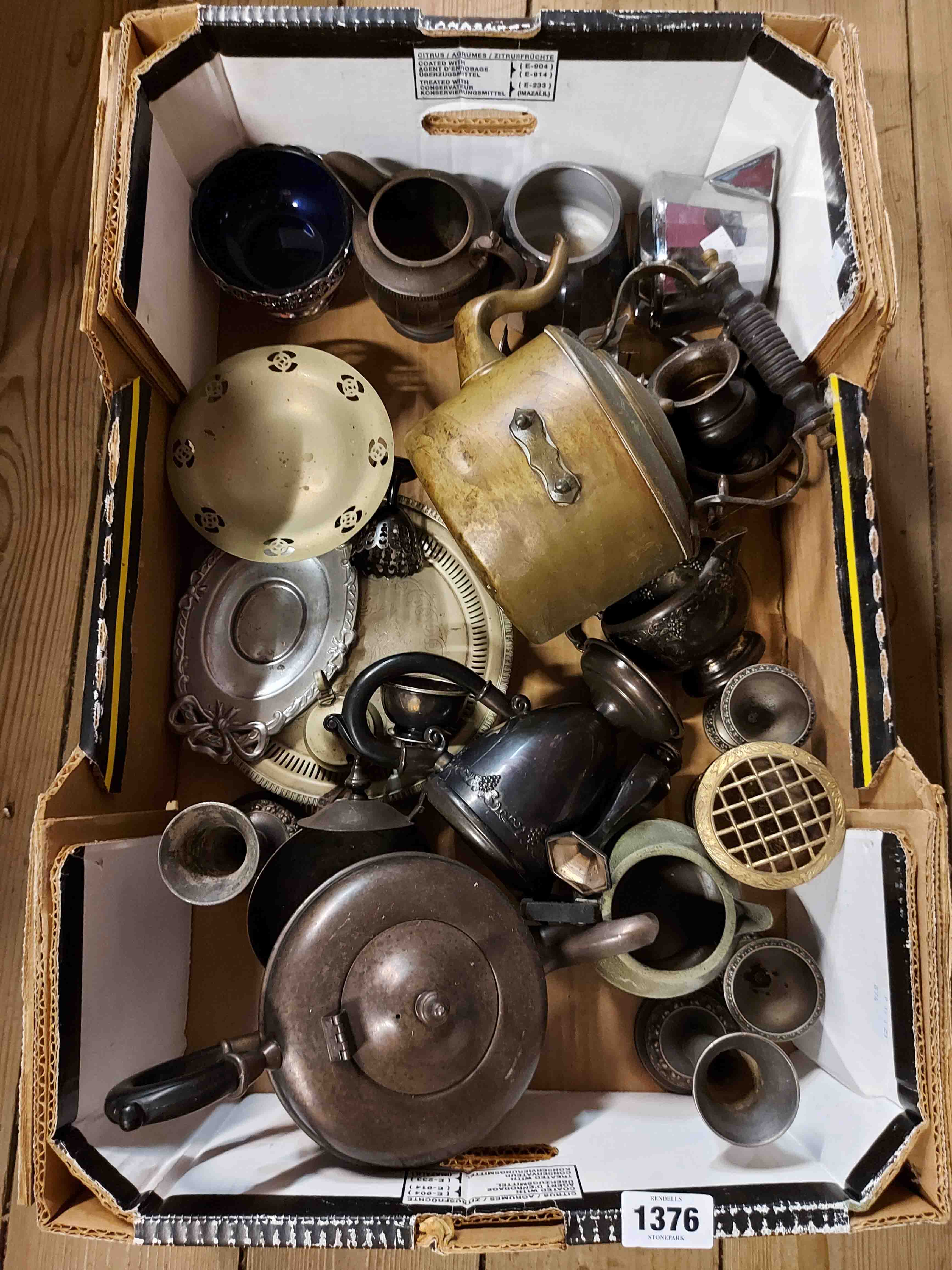 A box containing a quantity of assorted metalware including silver plated tea set, etc.